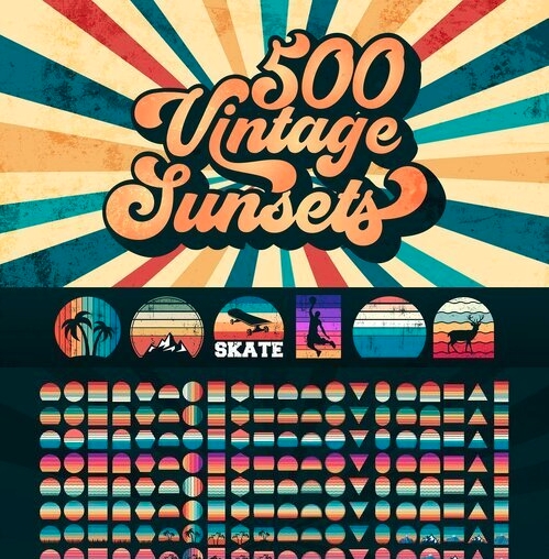 CreativeMarket - 500 Retro SVG Vintage Sunsets Bundle 7432111